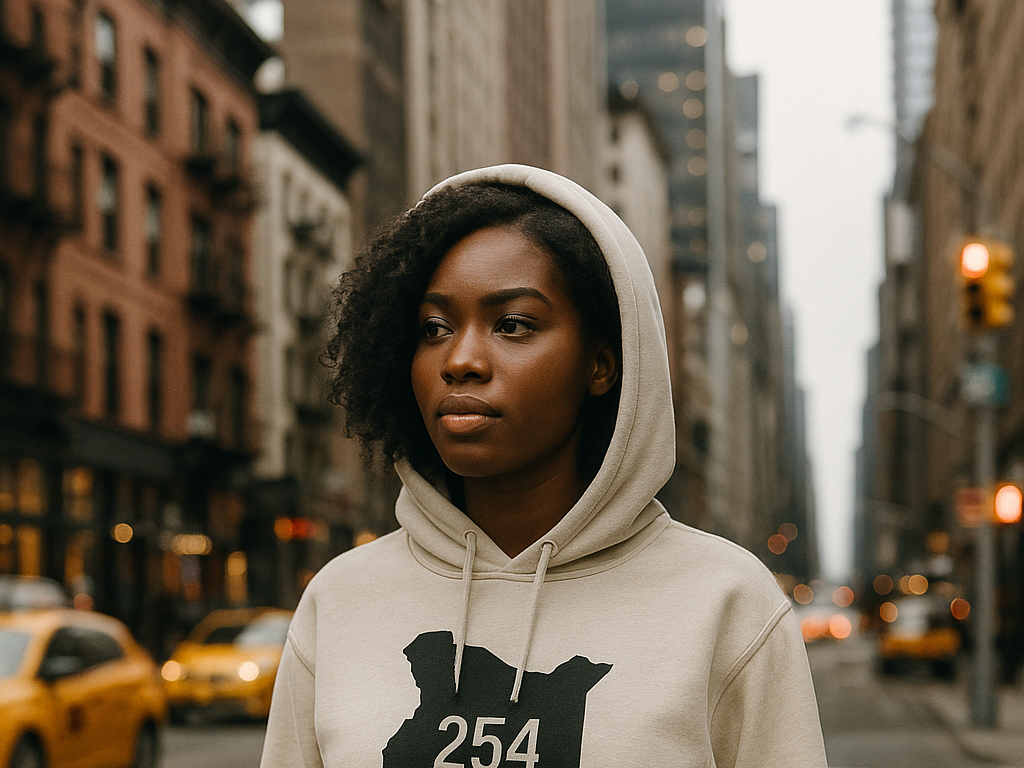 A stylish Kenyan woman in a beige Home254 hoodie and matching sweatpants walks confidently through New York City, with the map of Kenya boldly printed on her outfit, symbolizing cultural pride and diaspora identity.